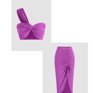 Texture One-Shoulder Top & Drawstring Midi Skirt Two-Piece Set